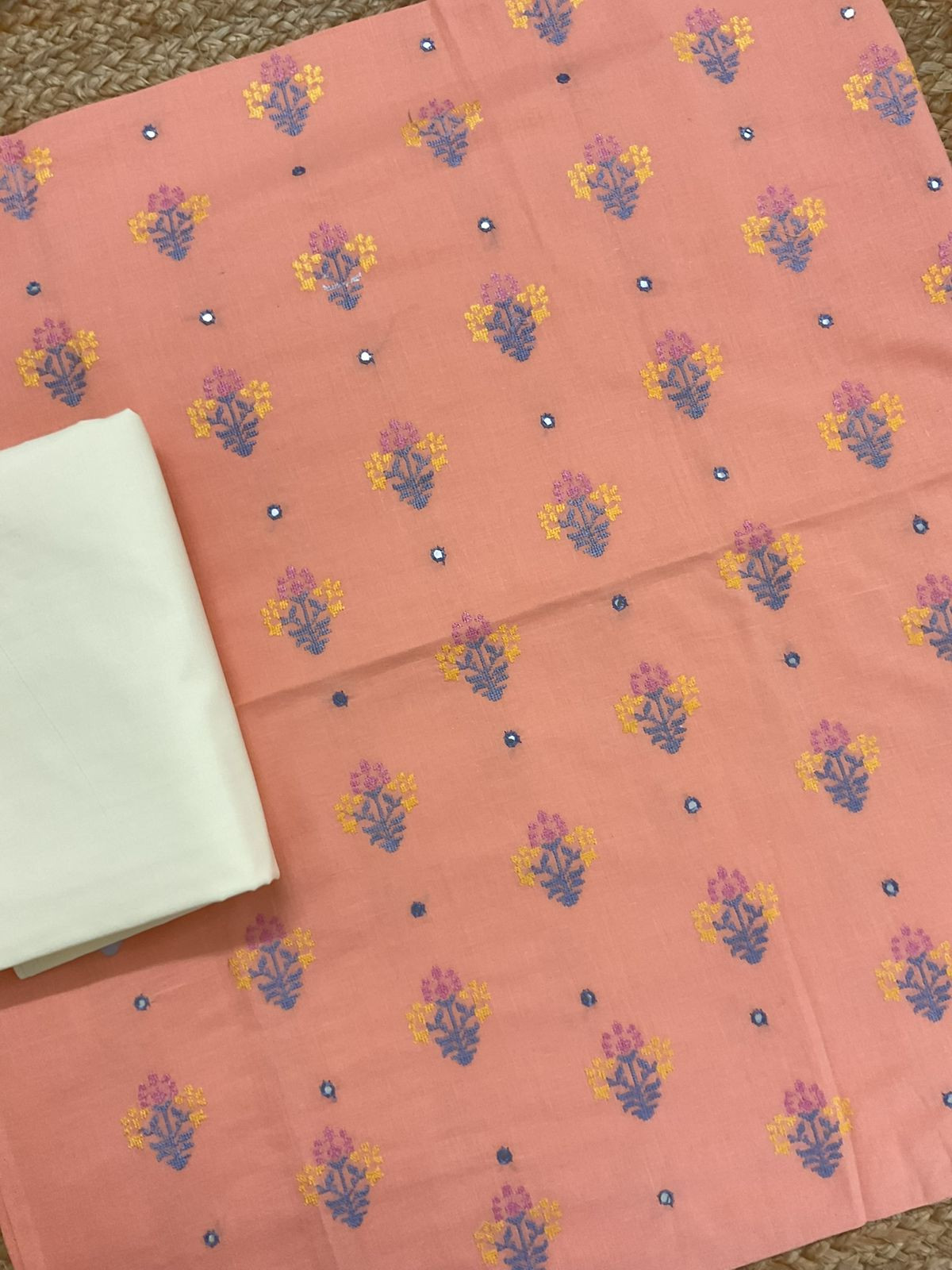 Pure Cotton Printed Embroidered Suit - Peach