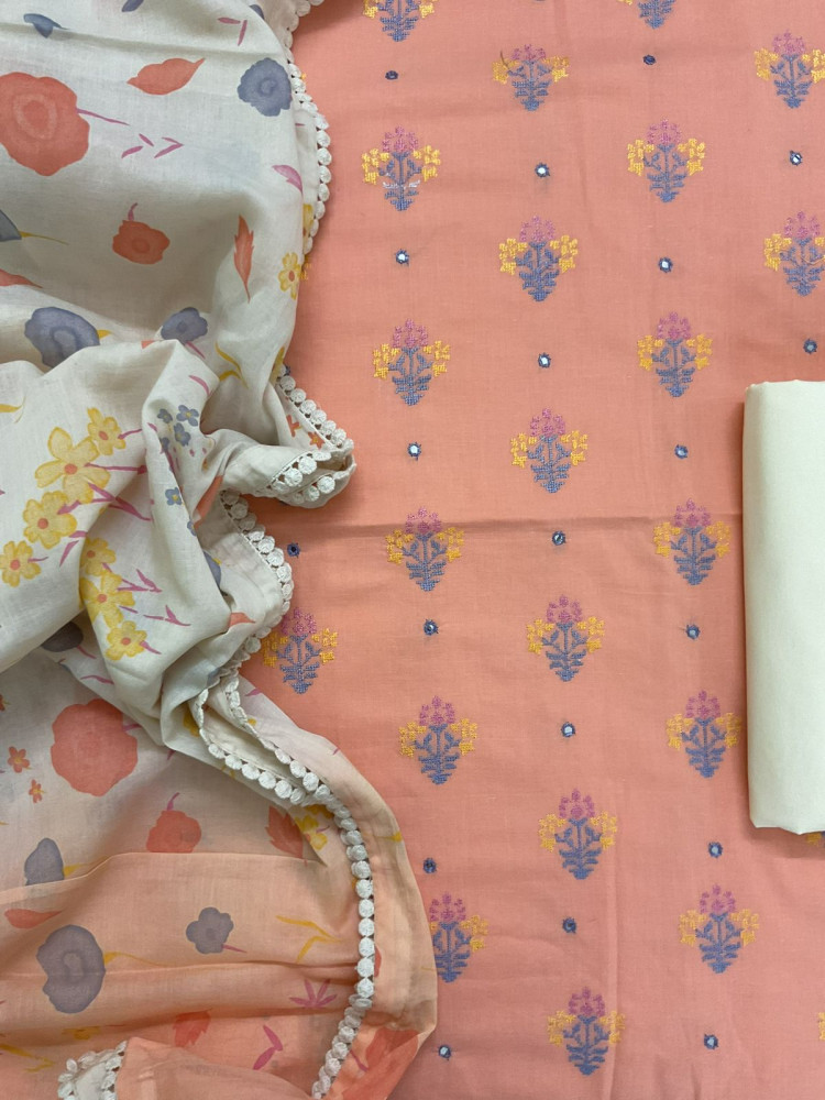 Image of Pure Cotton Printed Embroidered Suit - Peach