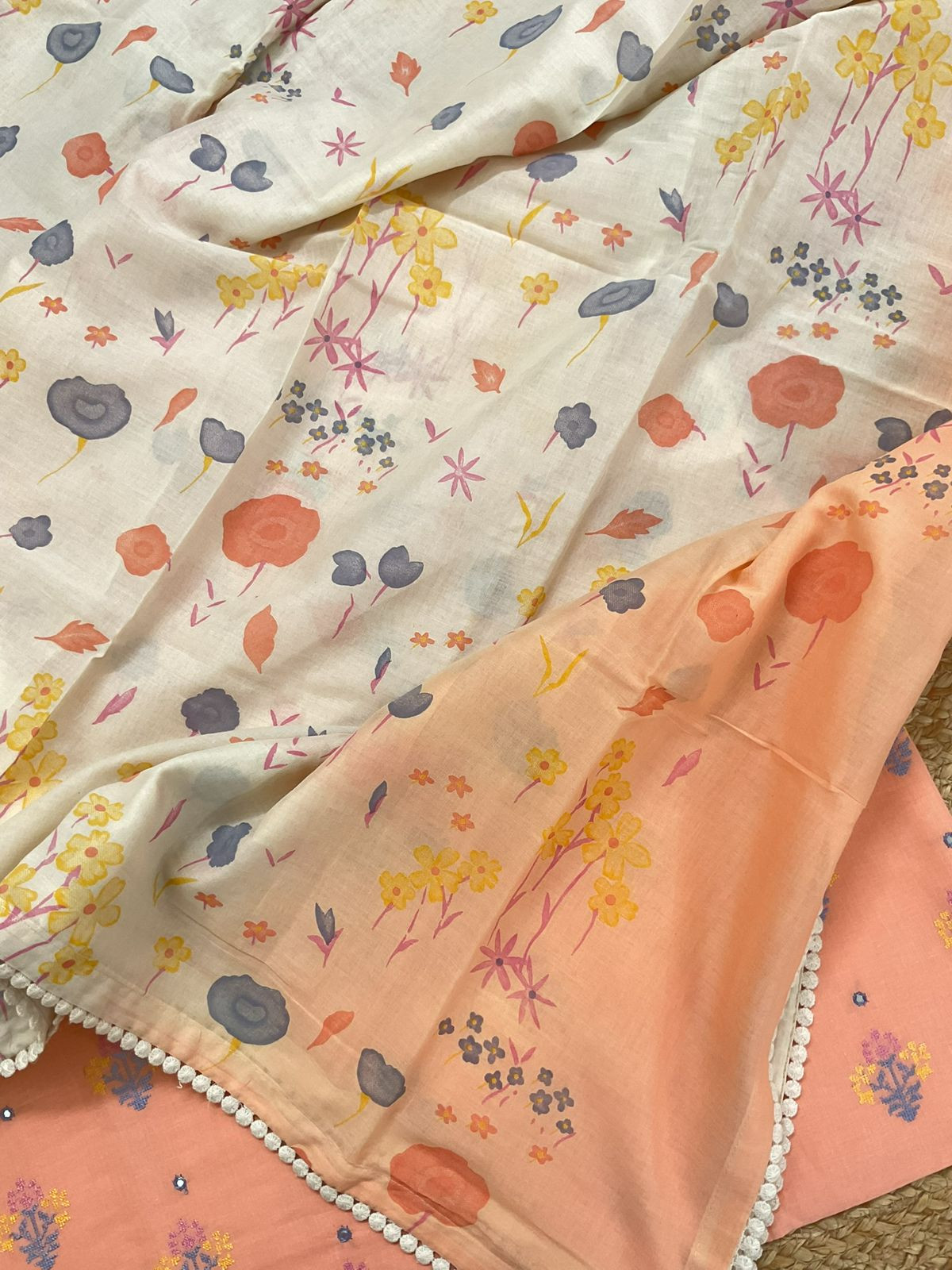 Pure Cotton Printed Embroidered Suit - Peach