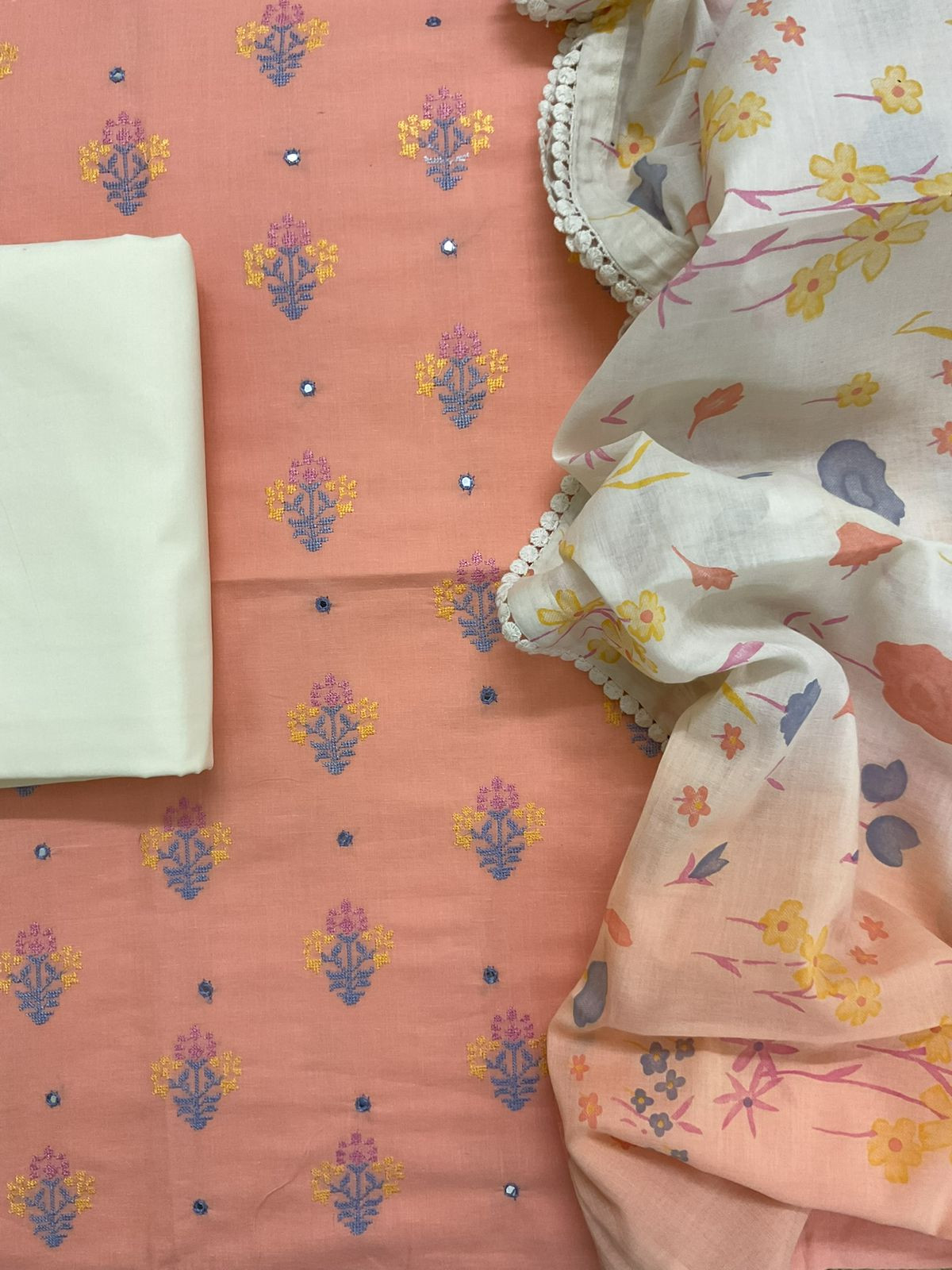 Pure Cotton Printed Embroidered Suit - Peach