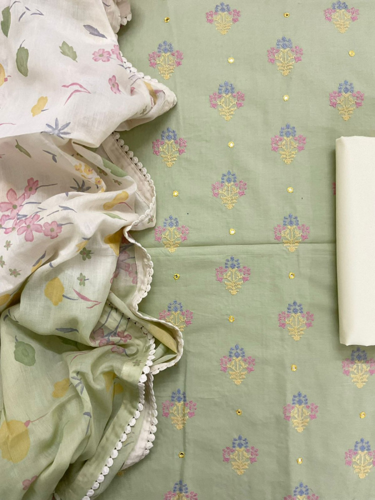Image of Pure Cotton Printed Embroidered Suit - Green