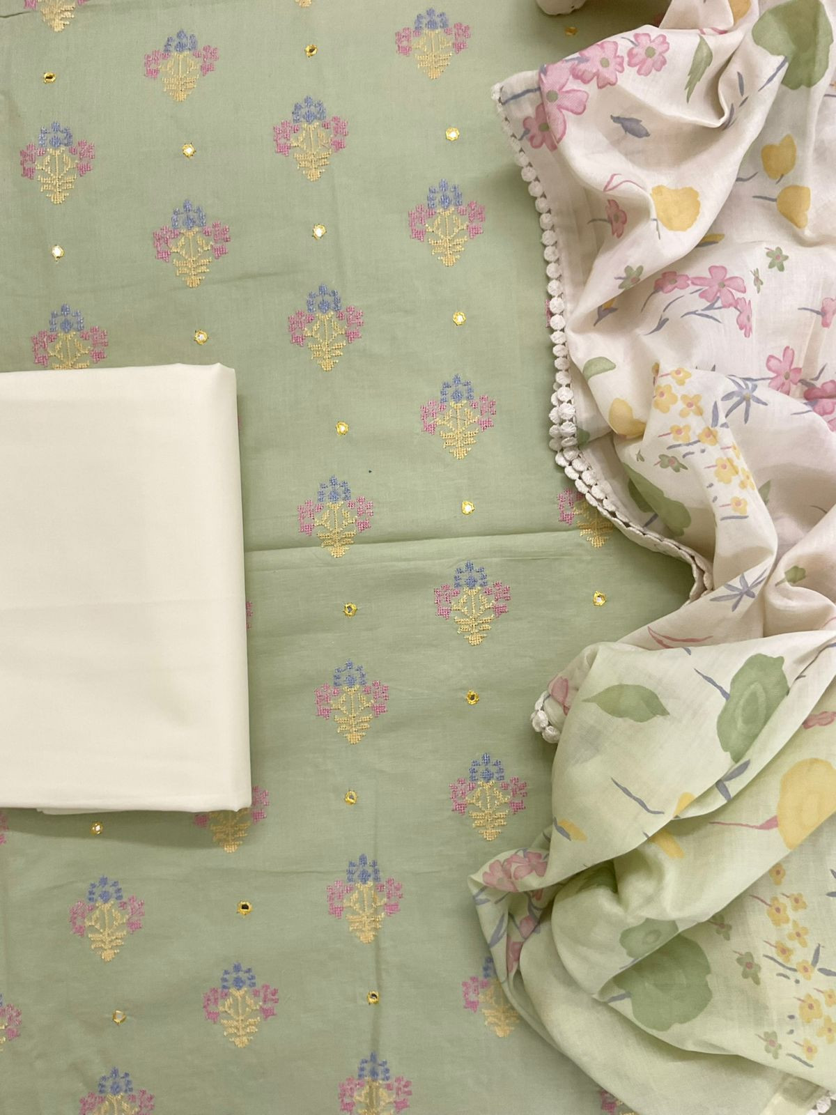 Pure Cotton Printed Embroidered Suit - Green