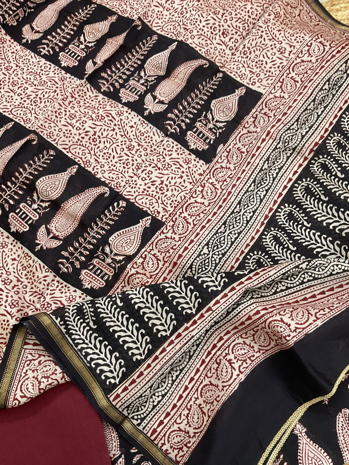 Pure Maheshwari Silk Bagh Printed Embroidered Suit - Black