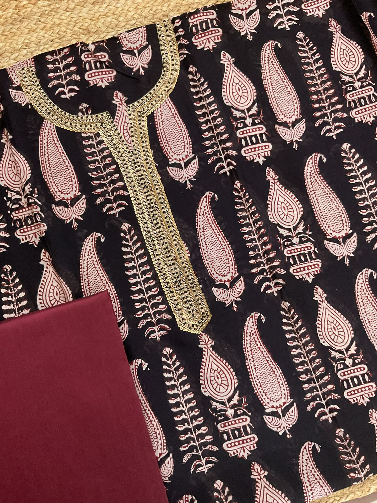 Pure Maheshwari Silk Bagh Printed Embroidered Suit - Black