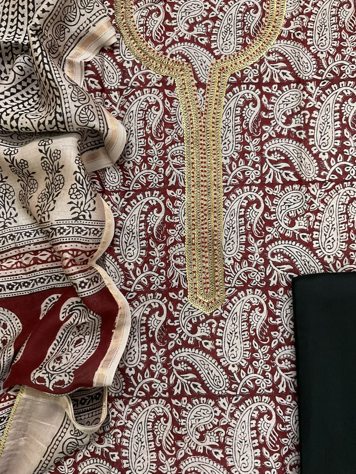 Pure Maheshwari Silk Bagh Printed Embroidered Suit - Maroon