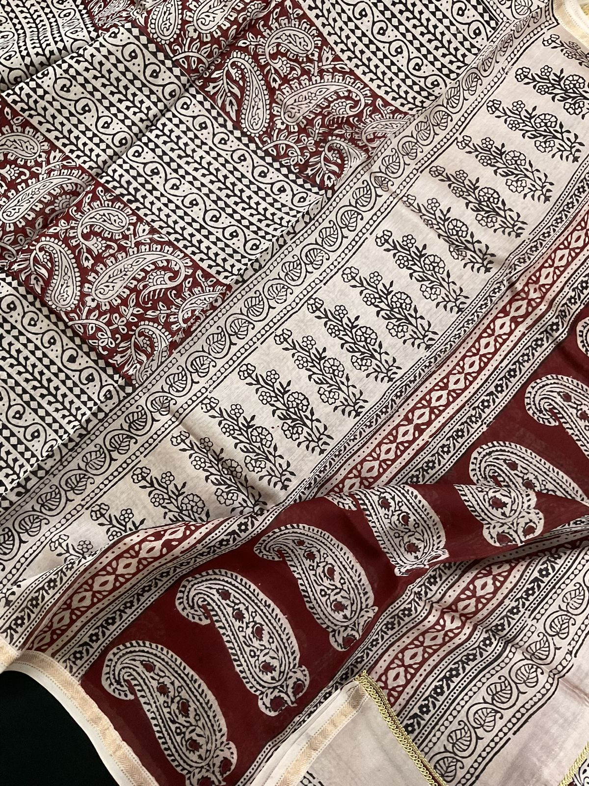 Pure Maheshwari Silk Bagh Printed Embroidered Suit - Maroon