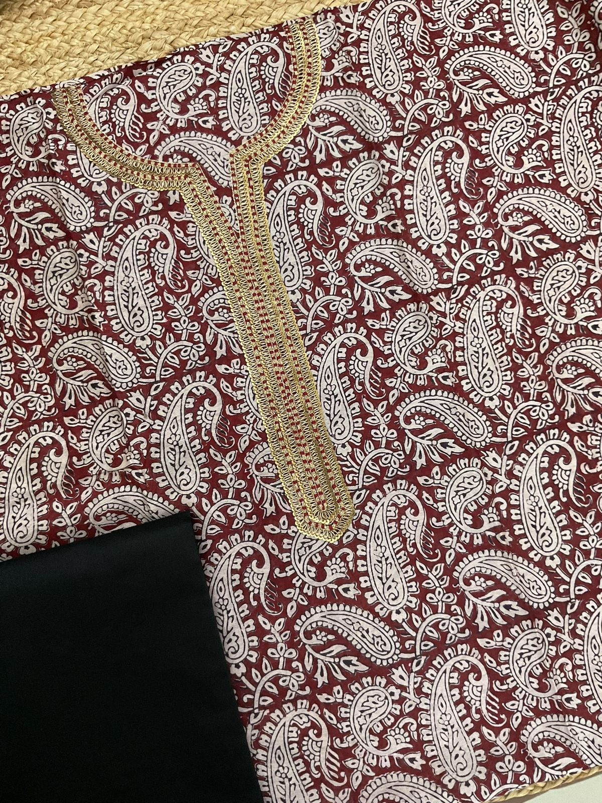 Pure Maheshwari Silk Bagh Printed Embroidered Suit - Maroon