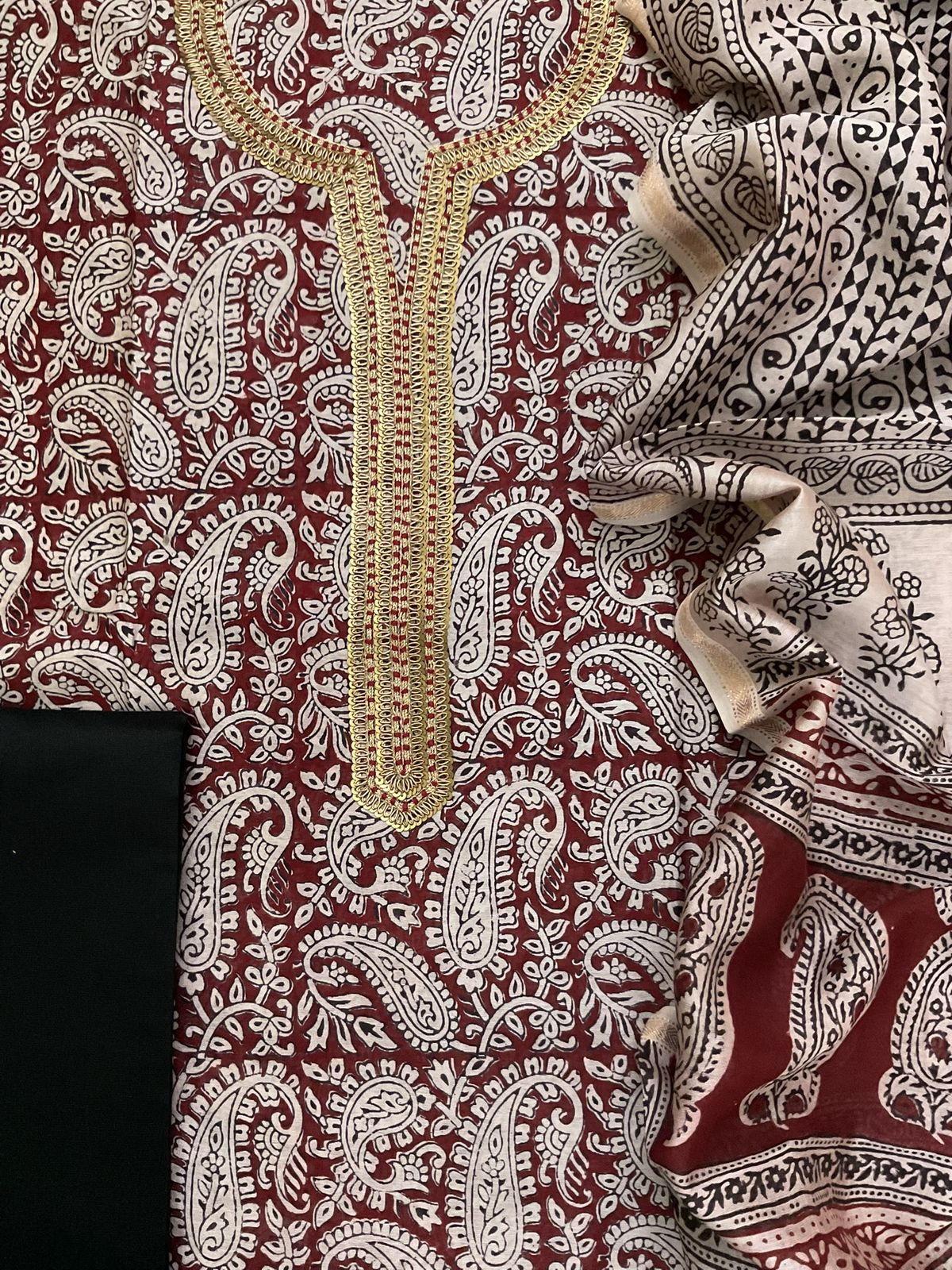 Pure Maheshwari Silk Bagh Printed Embroidered Suit - Maroon