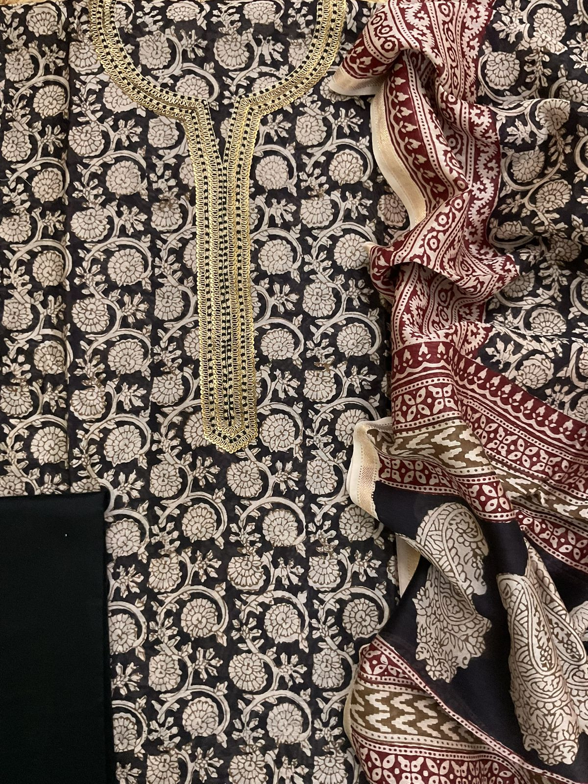 Pure Maheshwari Silk Bagh Printed Embroidered Suit - Black