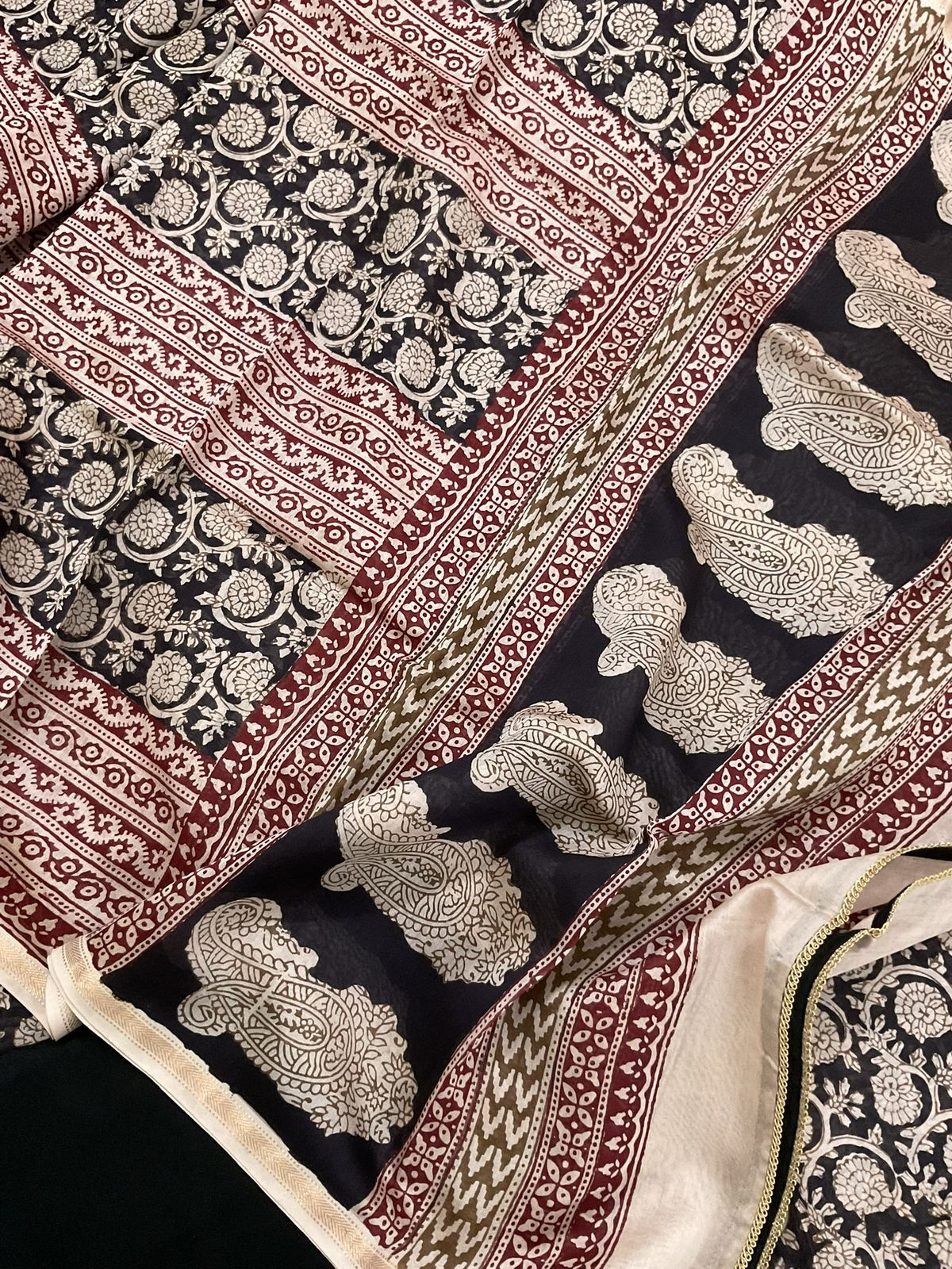 Pure Maheshwari Silk Bagh Printed Embroidered Suit - Black