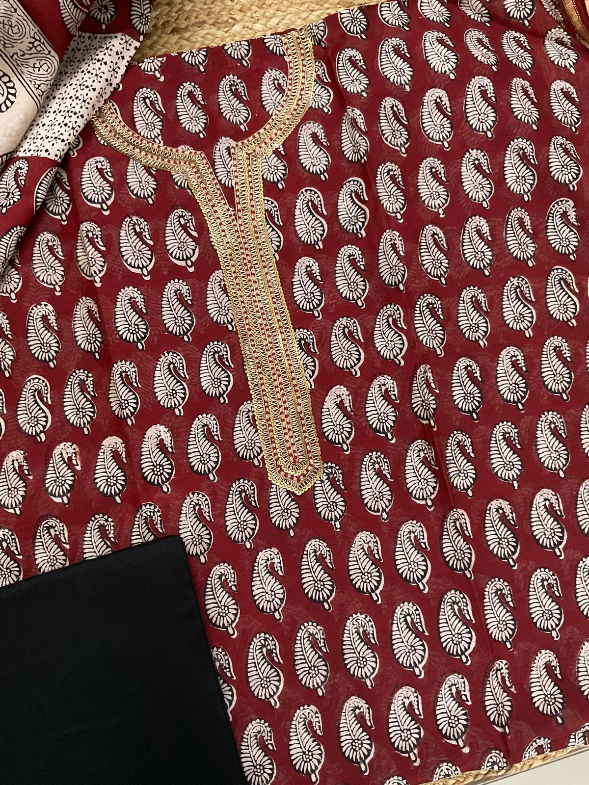 Pure Maheshwari Silk Bagh Printed Embroidered Suit - Maroon