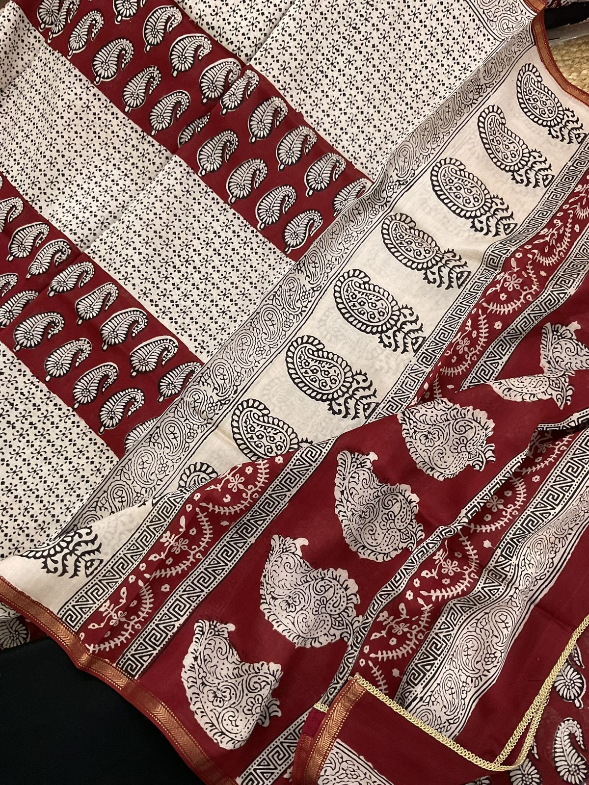 Pure Maheshwari Silk Bagh Printed Embroidered Suit - Maroon