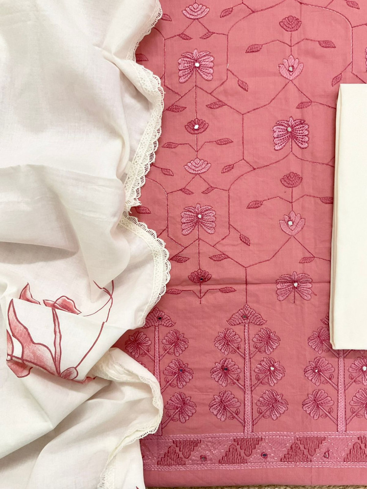 Image of Pure Cotton Printed Embroidered Suit - Pink