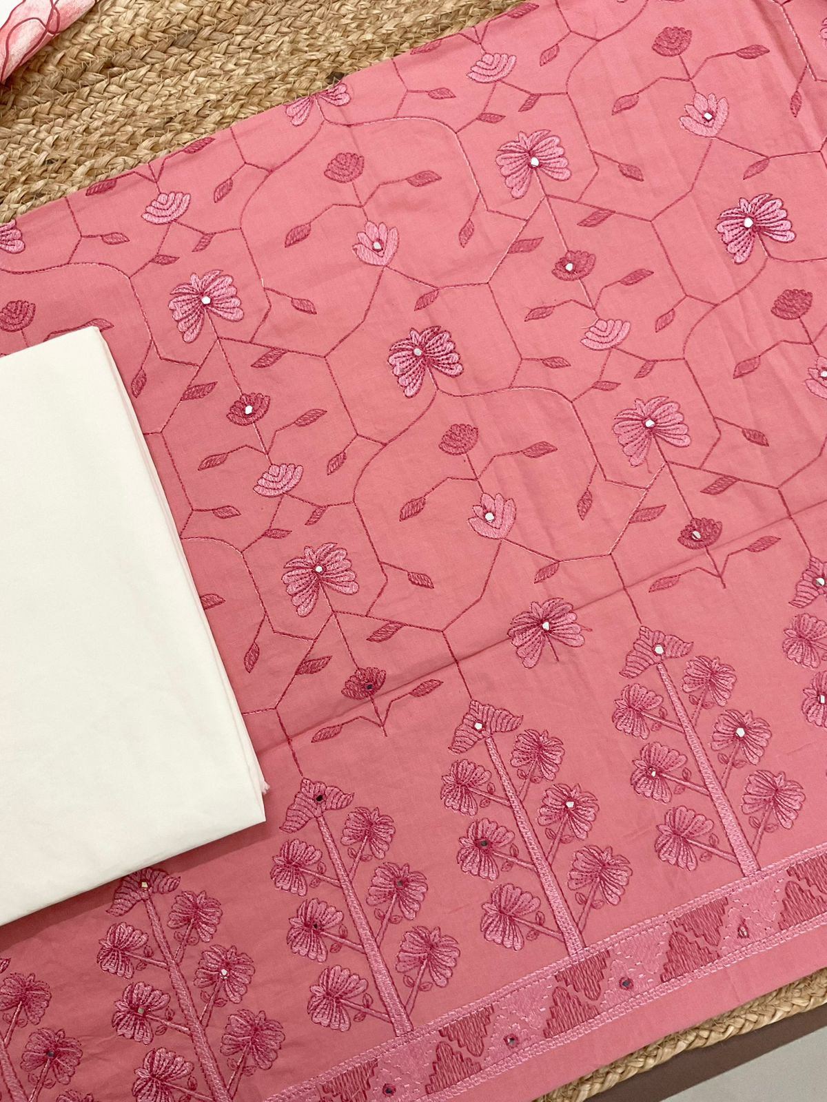 Pure Cotton Printed Embroidered Suit - Pink