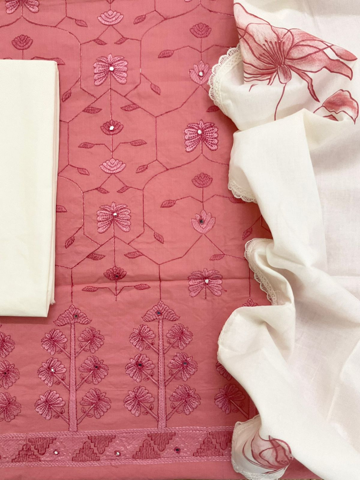 Pure Cotton Printed Embroidered Suit - Pink