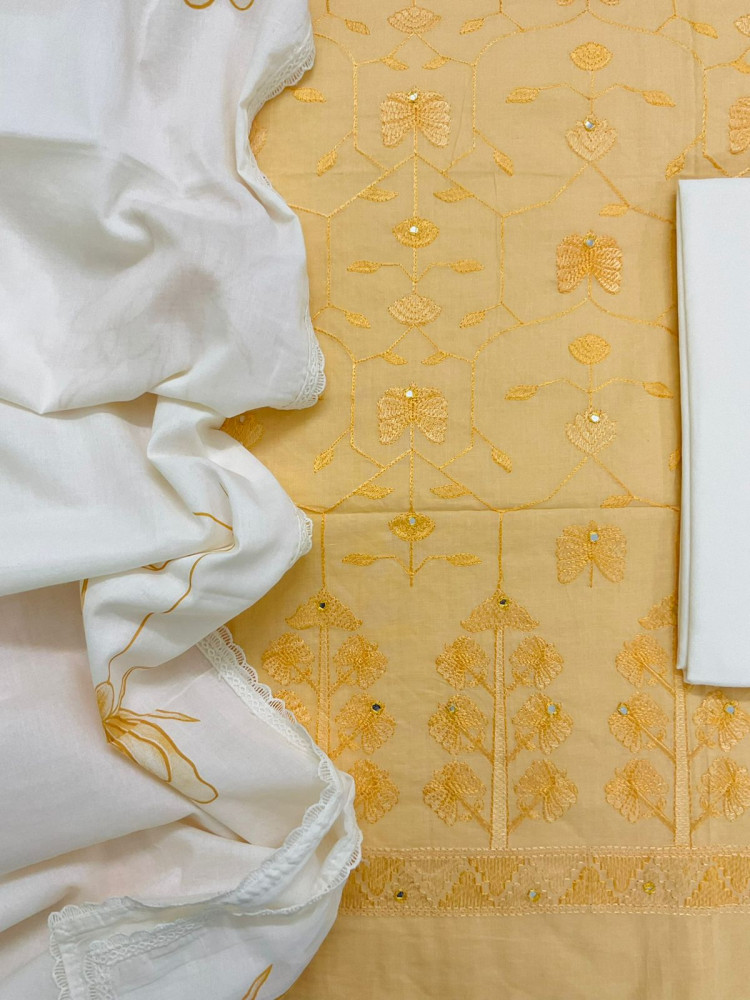 Image of Pure Cotton Printed Embroidered Suit - Yellow