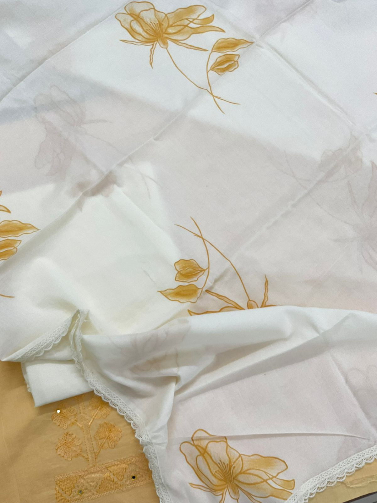 Pure Cotton Printed Embroidered Suit - Yellow