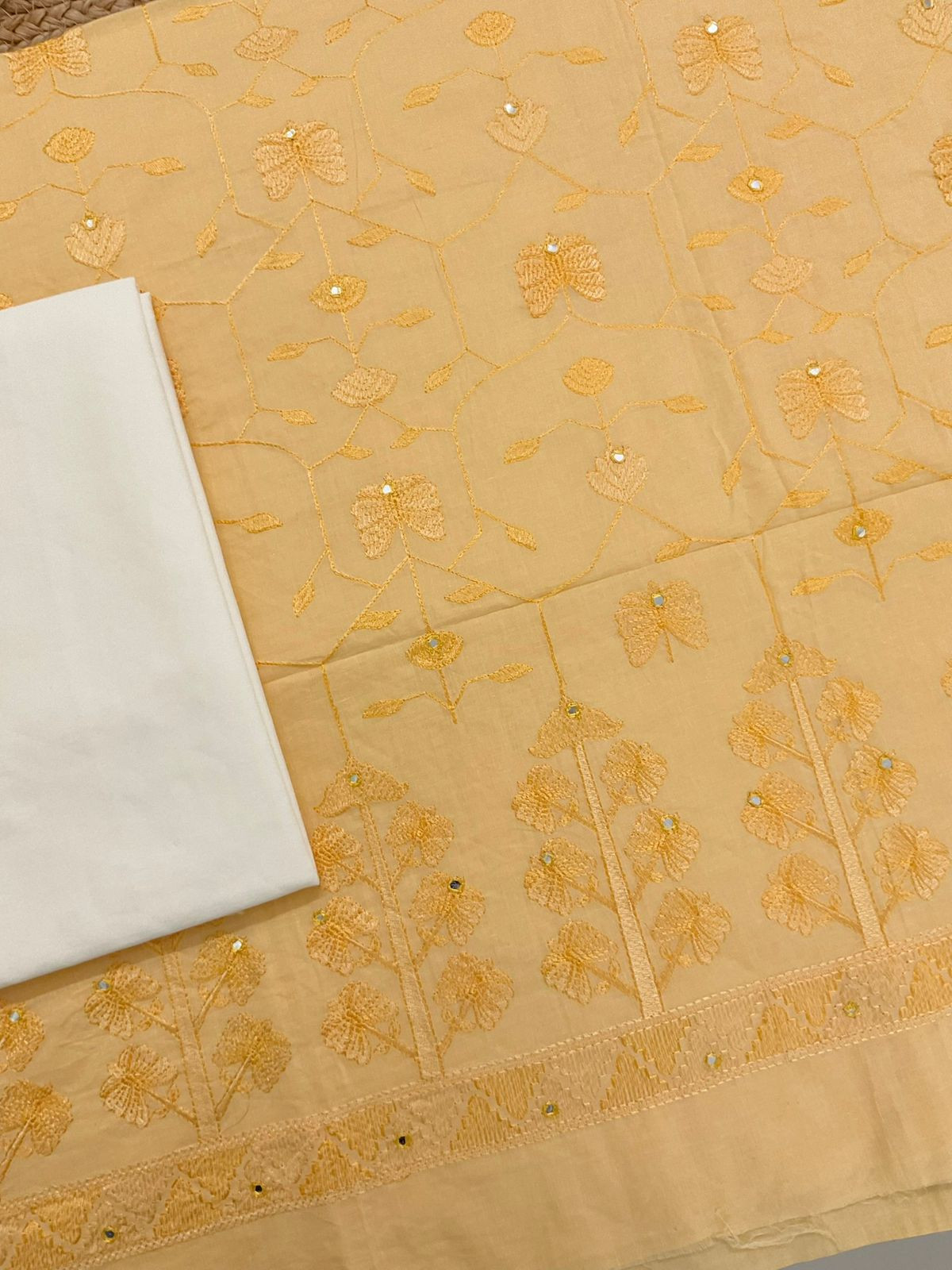 Pure Cotton Printed Embroidered Suit - Yellow