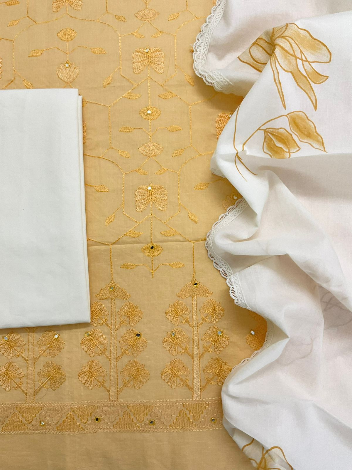 Pure Cotton Printed Embroidered Suit - Yellow