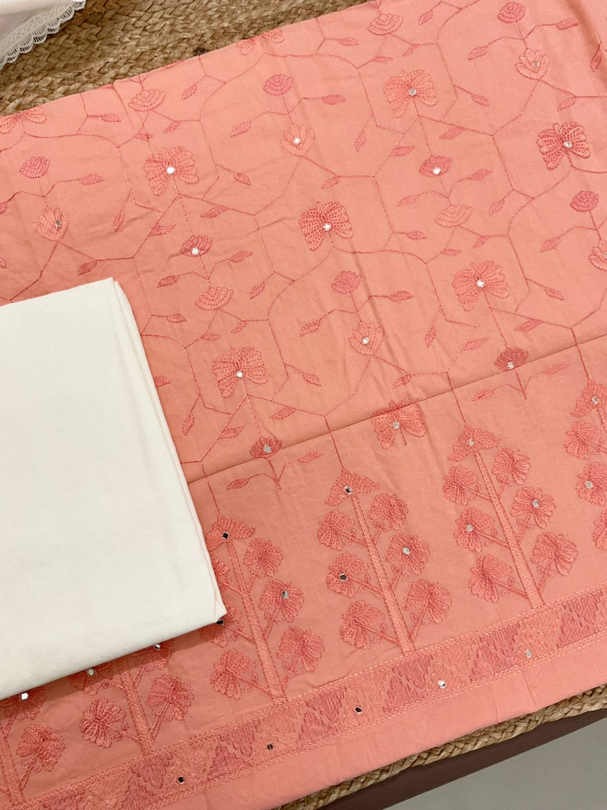 Pure Cotton Printed Embroidered Suit - Peach