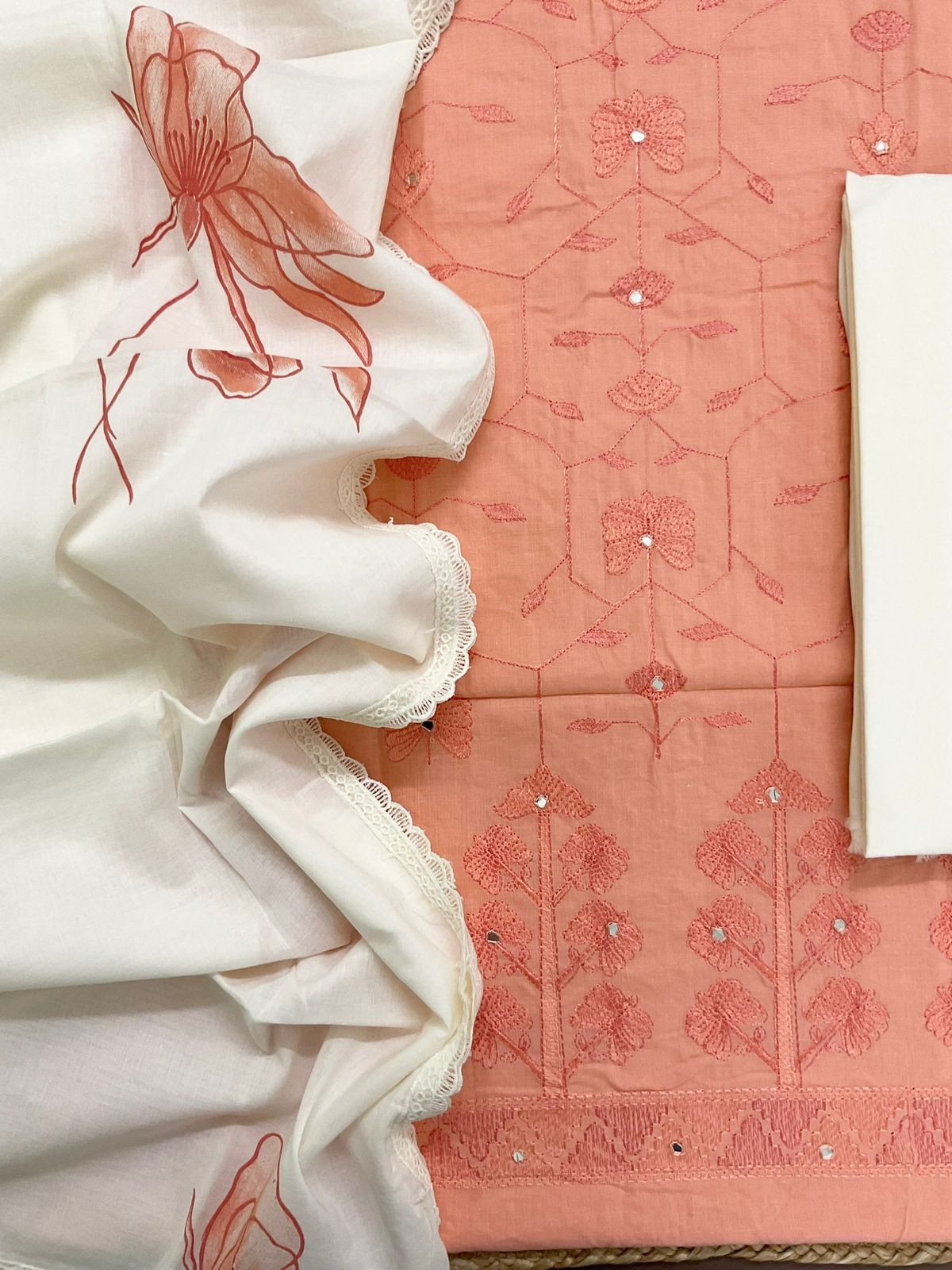 Pure Cotton Printed Embroidered Suit - Peach