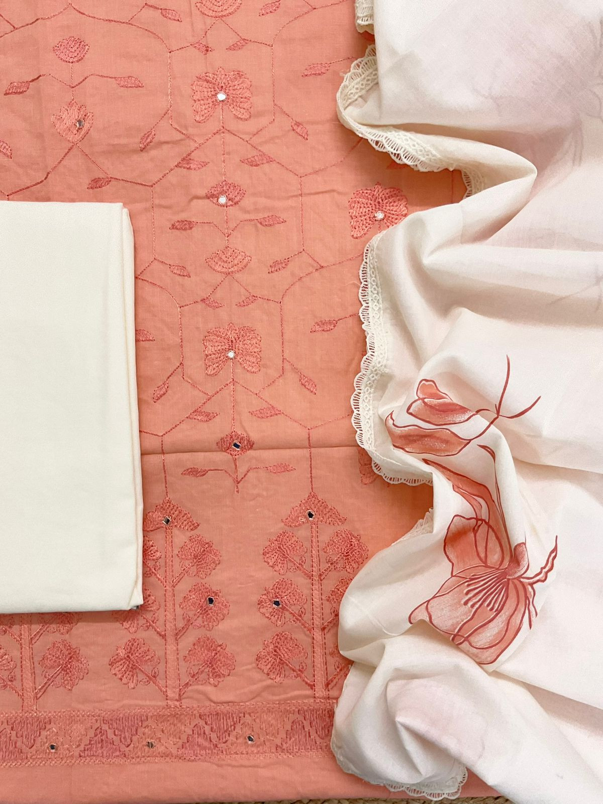 Pure Cotton Printed Embroidered Suit - Peach