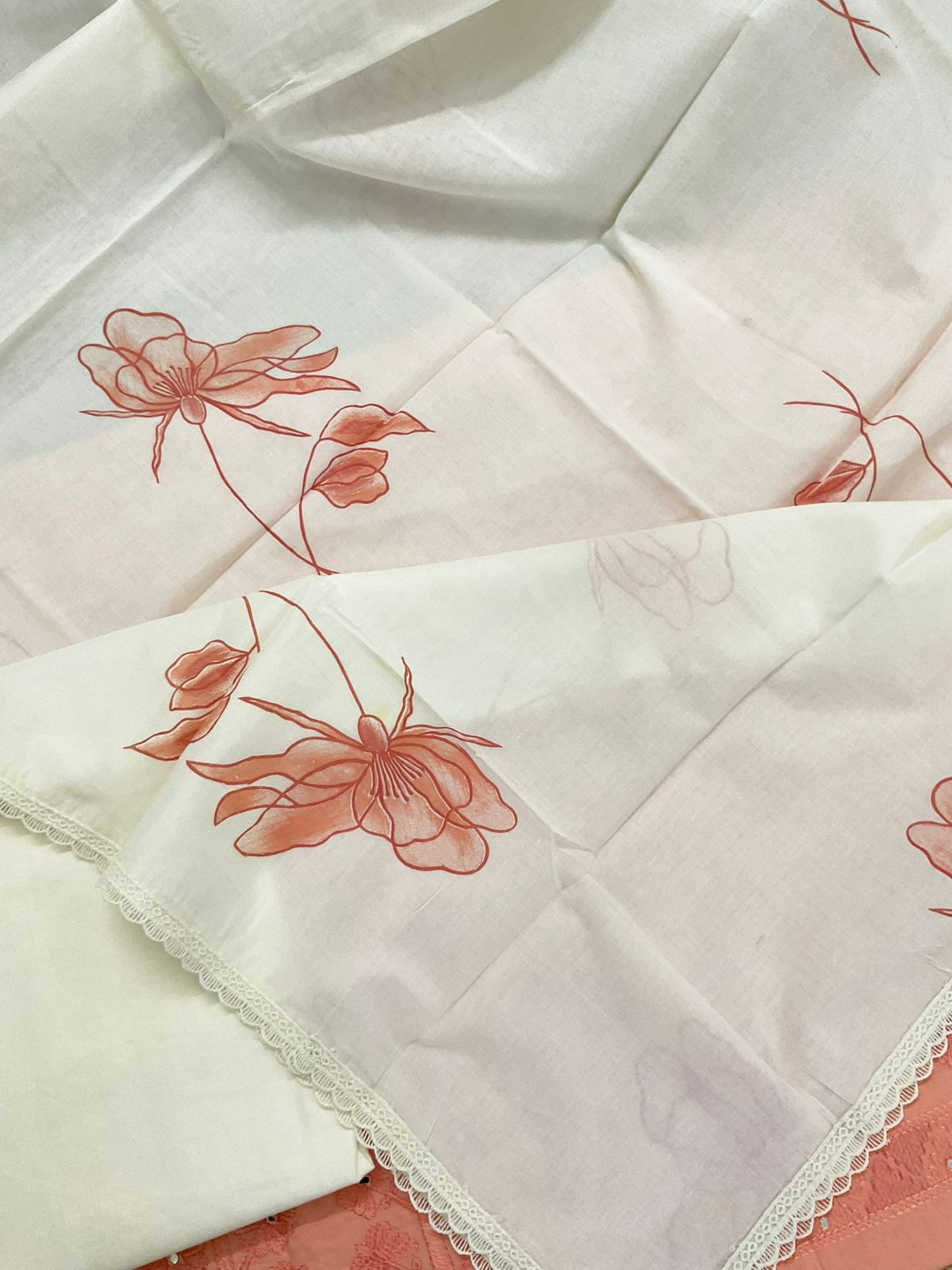 Pure Cotton Printed Embroidered Suit - Peach