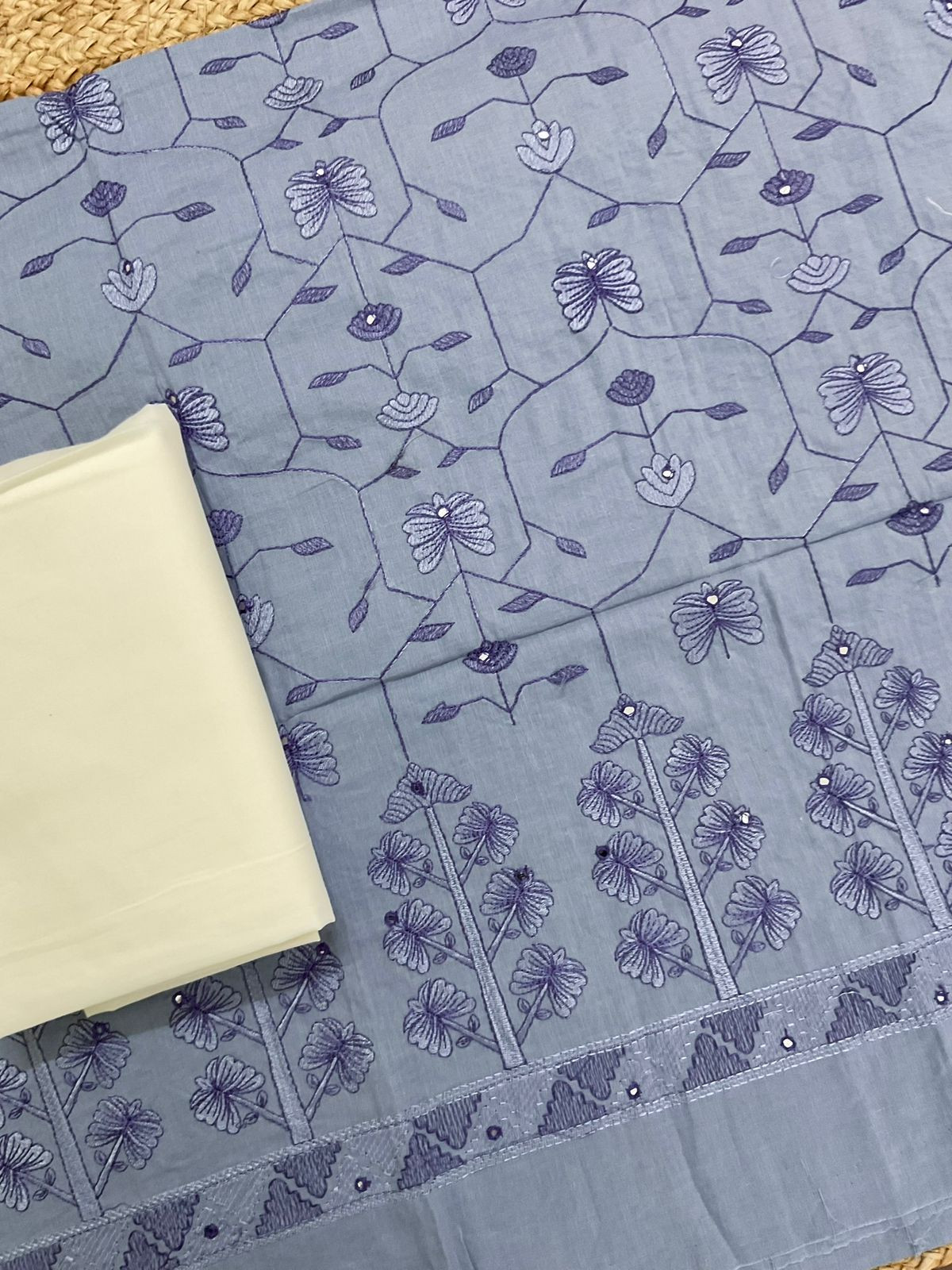 Pure Cotton Printed Embroidered Suit - Purplish Blue