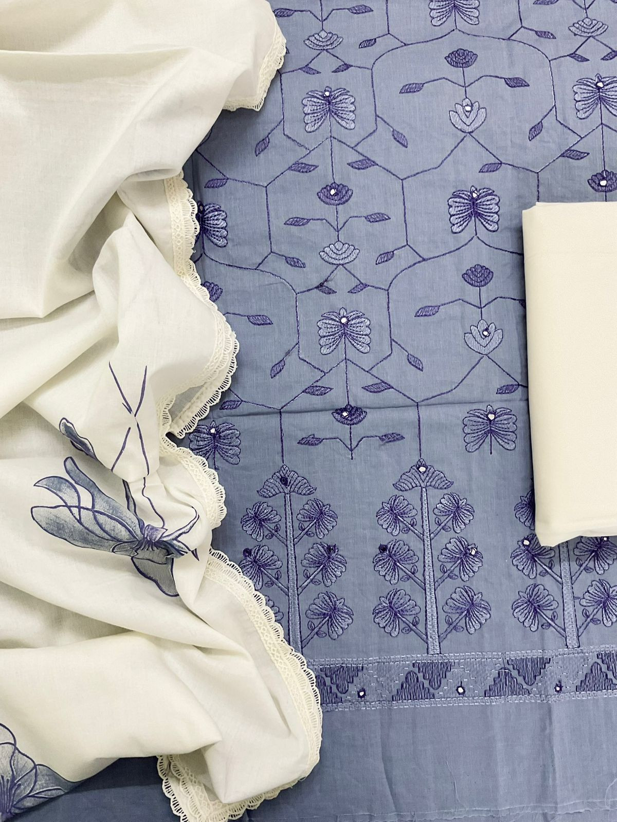 Pure Cotton Printed Embroidered Suit - Purplish Blue
