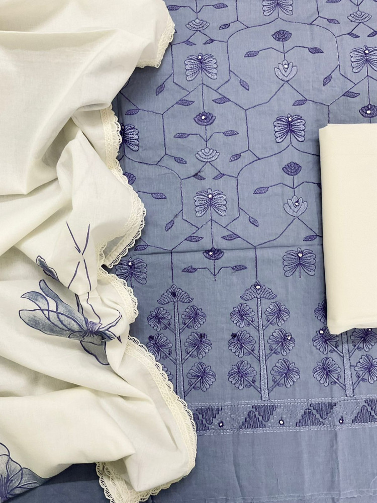Image of Pure Cotton Printed Embroidered Suit - Purplish Blue
