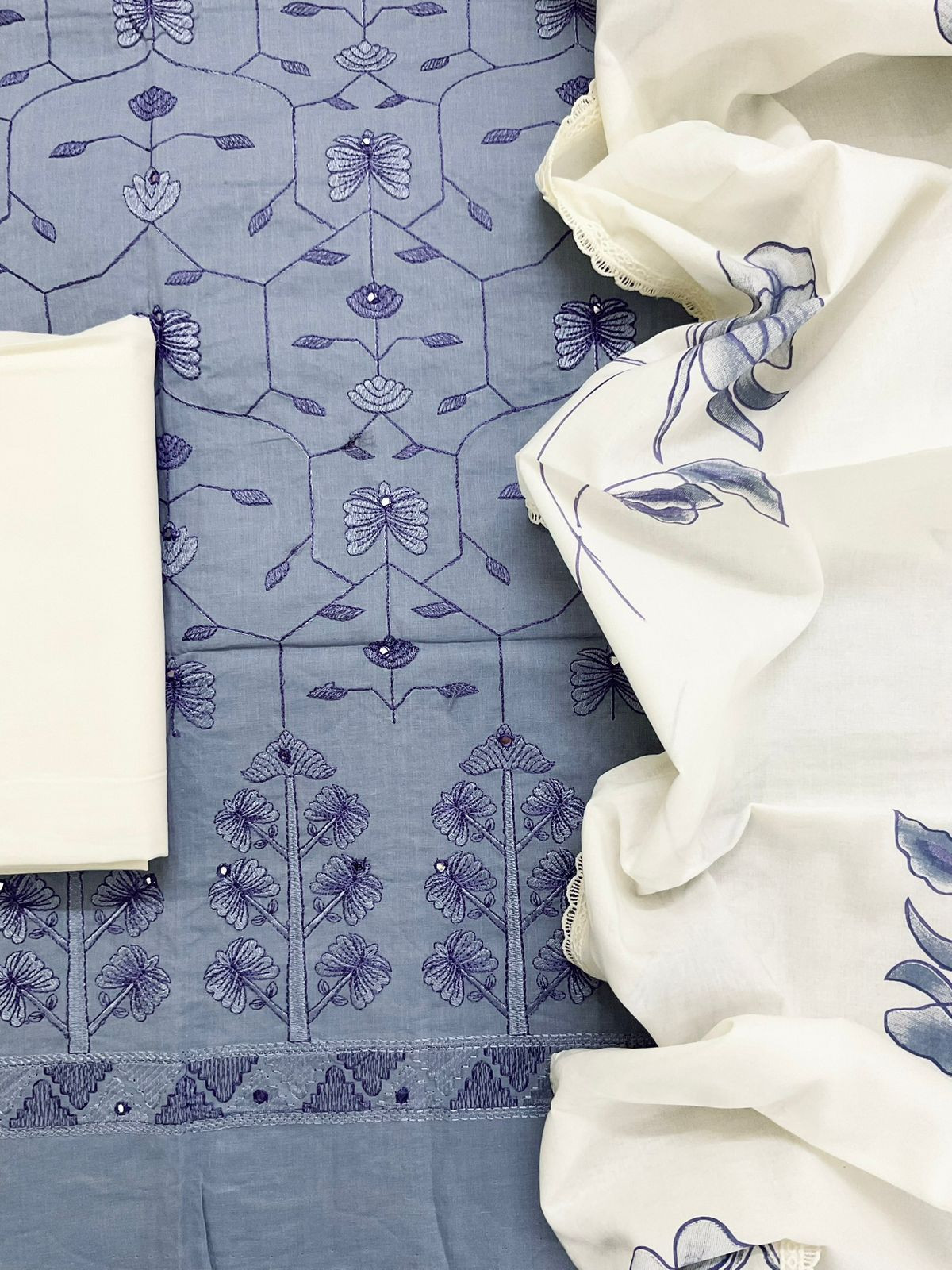 Pure Cotton Printed Embroidered Suit - Purplish Blue