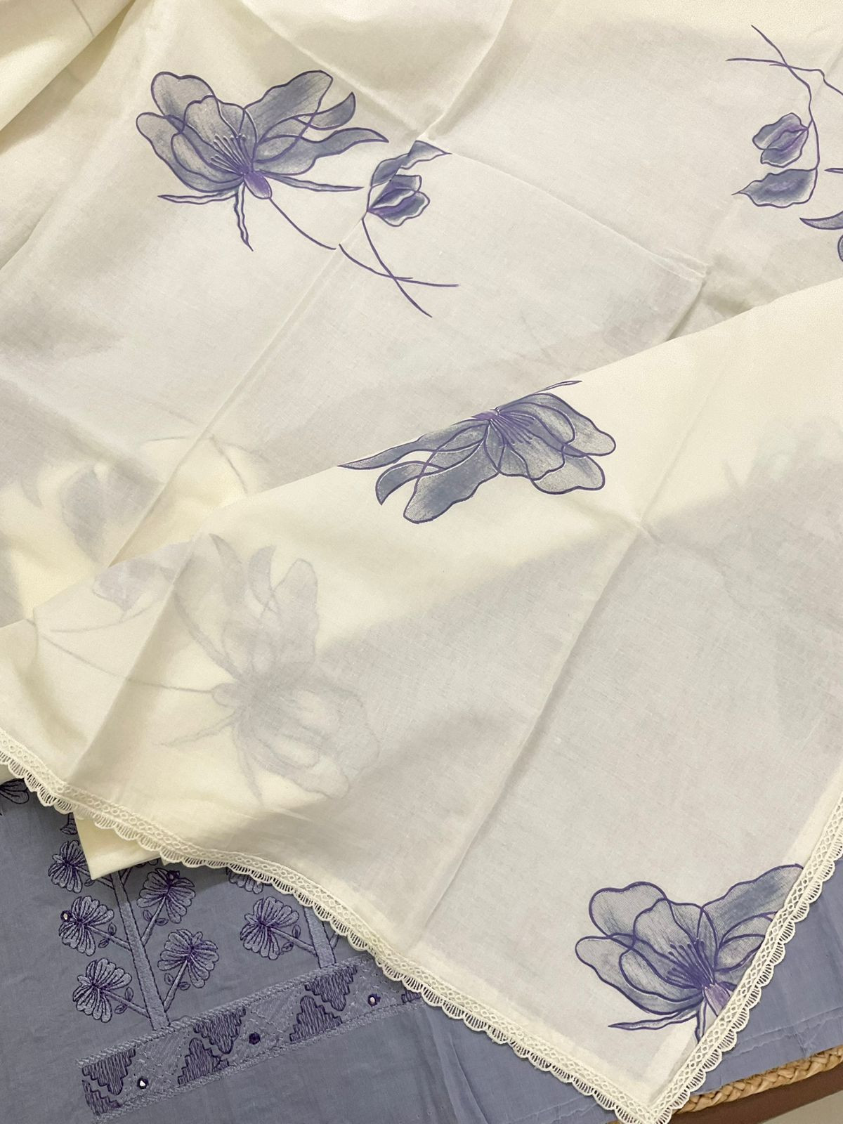 Pure Cotton Printed Embroidered Suit - Purplish Blue