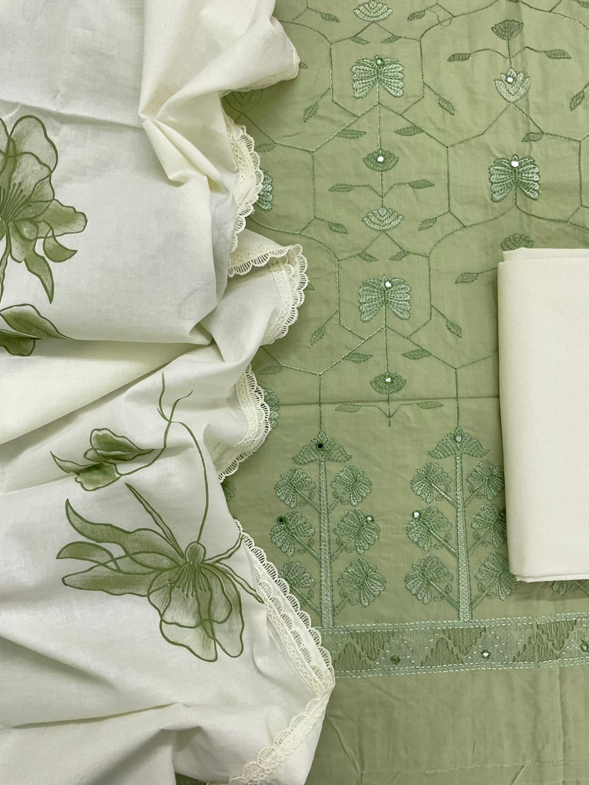 Pure Cotton Printed Embroidered Suit - Green
