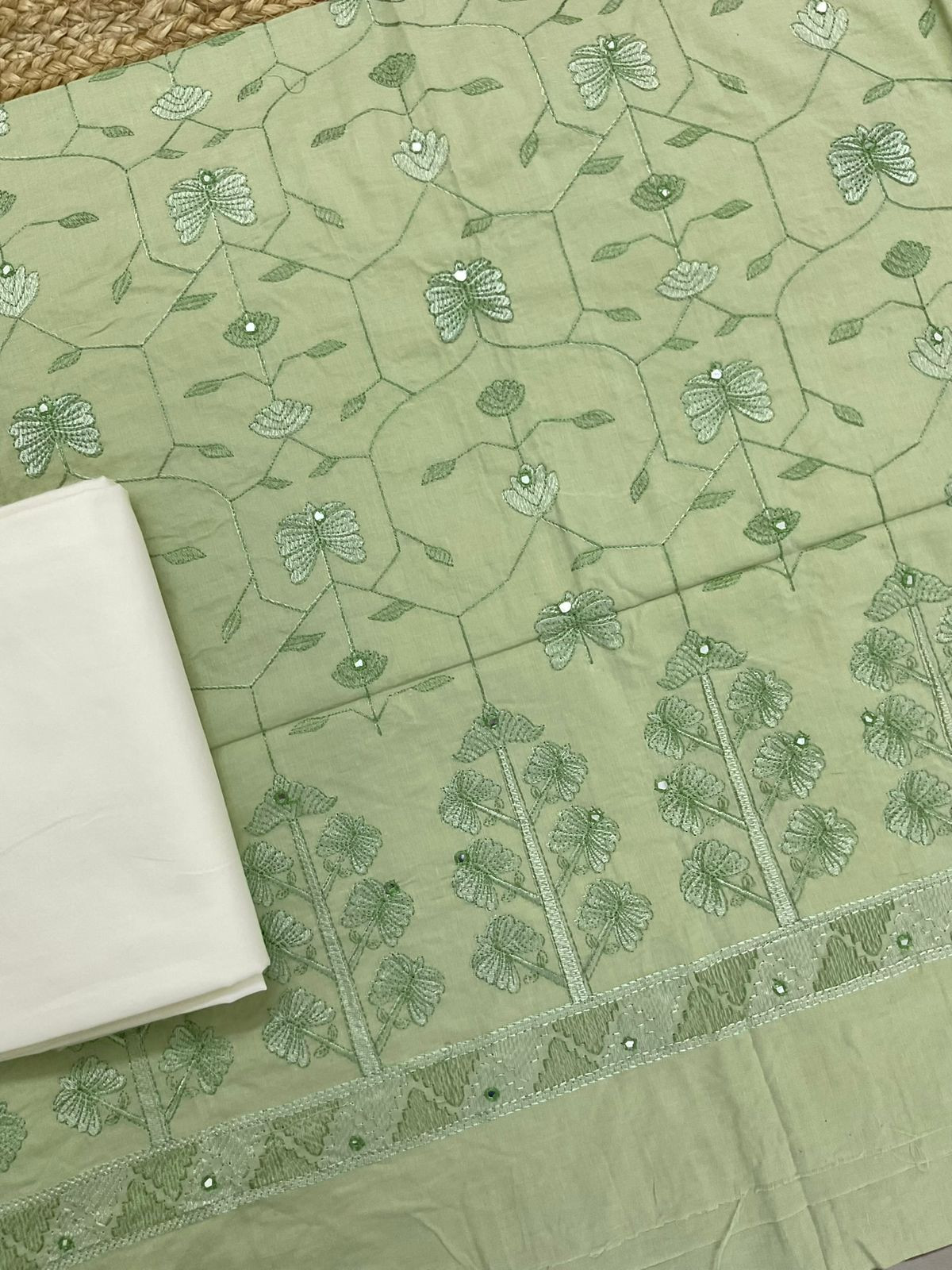 Pure Cotton Printed Embroidered Suit - Green