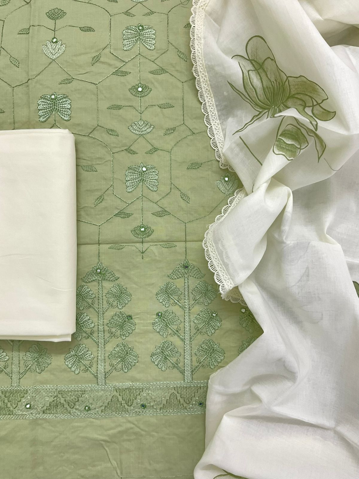 Pure Cotton Printed Embroidered Suit - Green