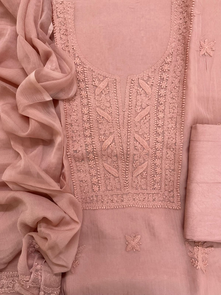 Image of Pure Organza Embroidered Suit - Peach