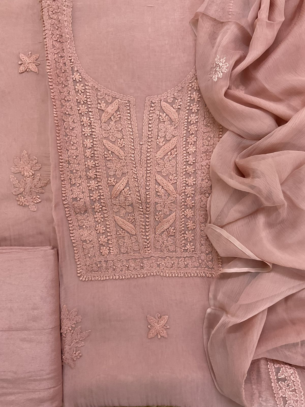 Pure Organza Embroidered Suit - Peach