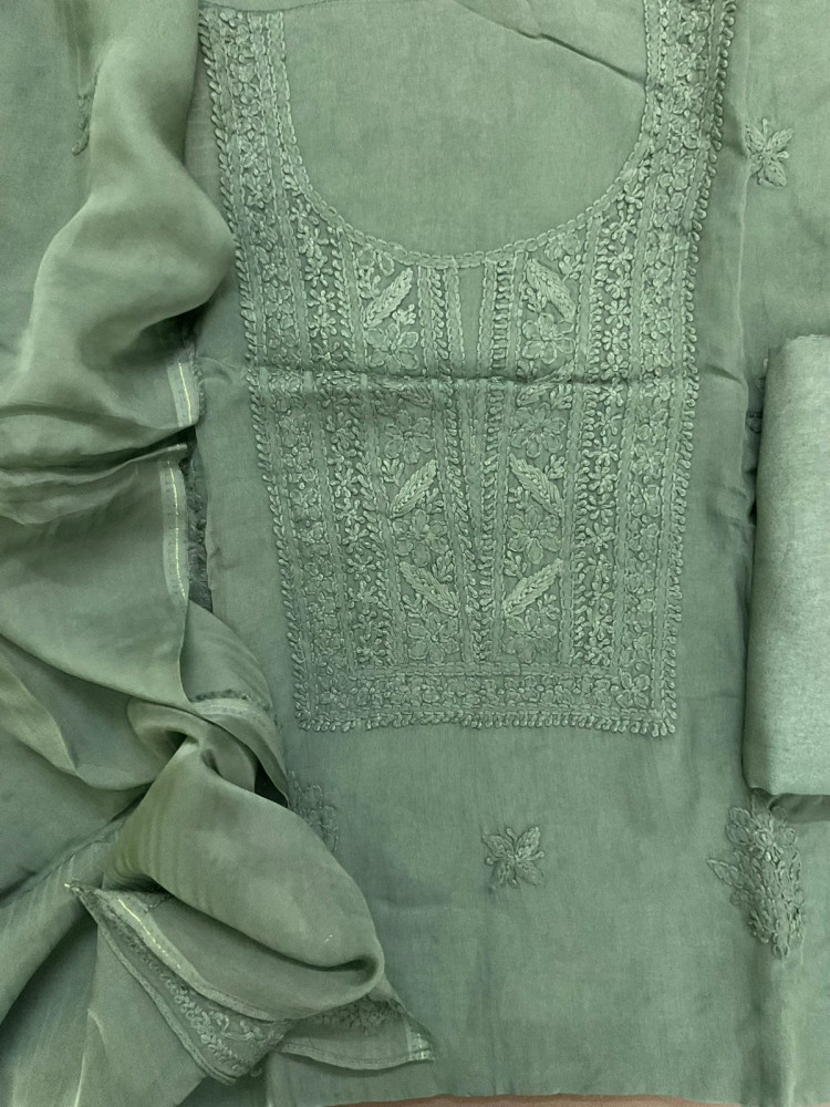 Image of Pure Organza Embroidered Suit - Green