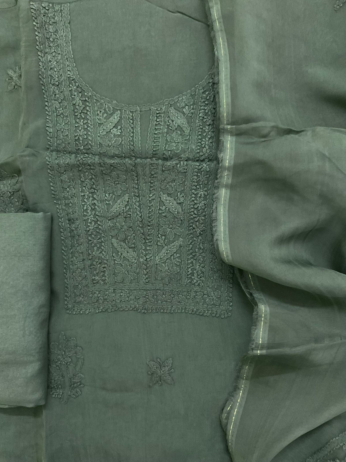 Pure Organza Embroidered Suit - Green