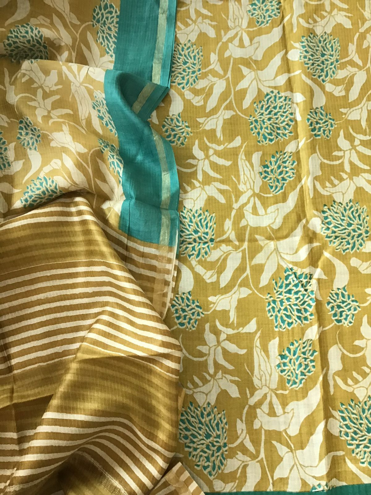 Pure Maheshwari Silk Printed Self Weaved Suit - Mustard