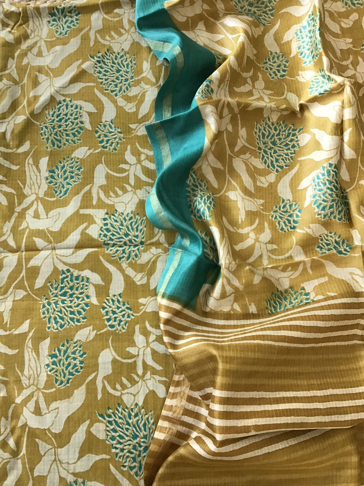 Pure Maheshwari Silk Printed Self Weaved Suit - Mustard