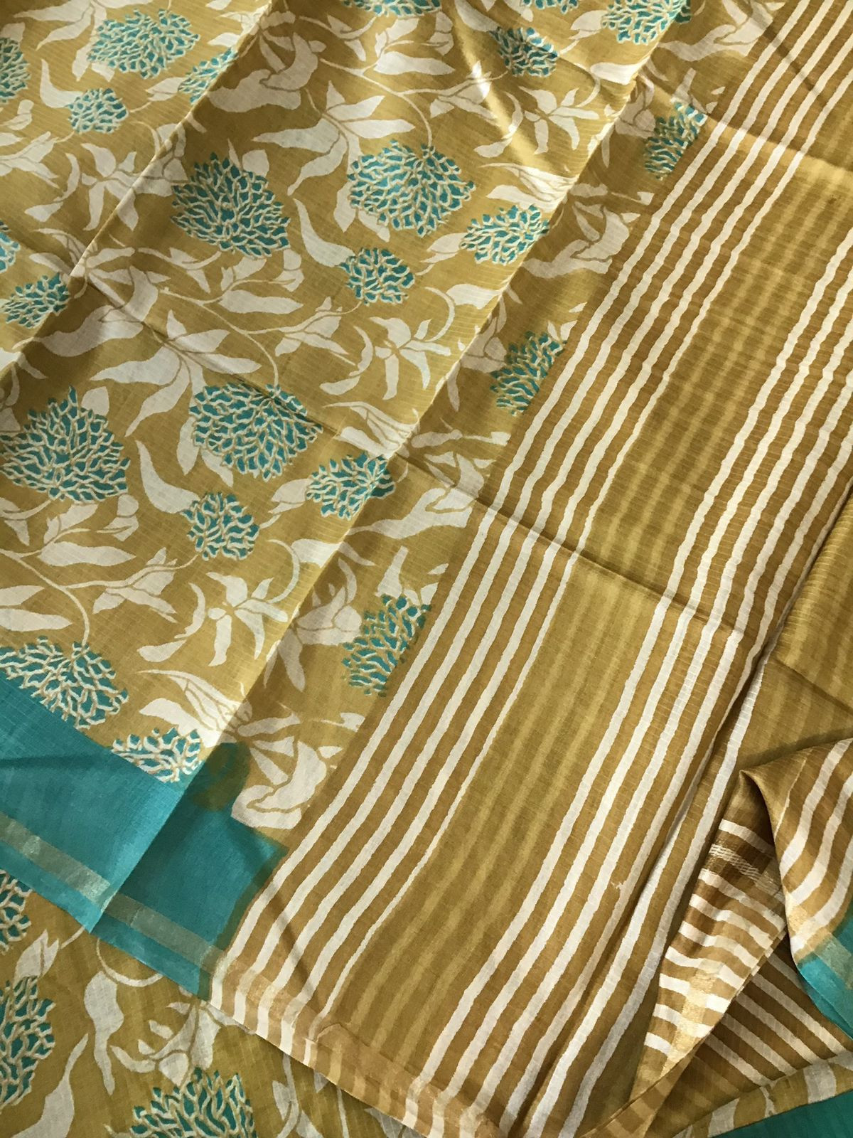 Pure Maheshwari Silk Printed Self Weaved Suit - Mustard
