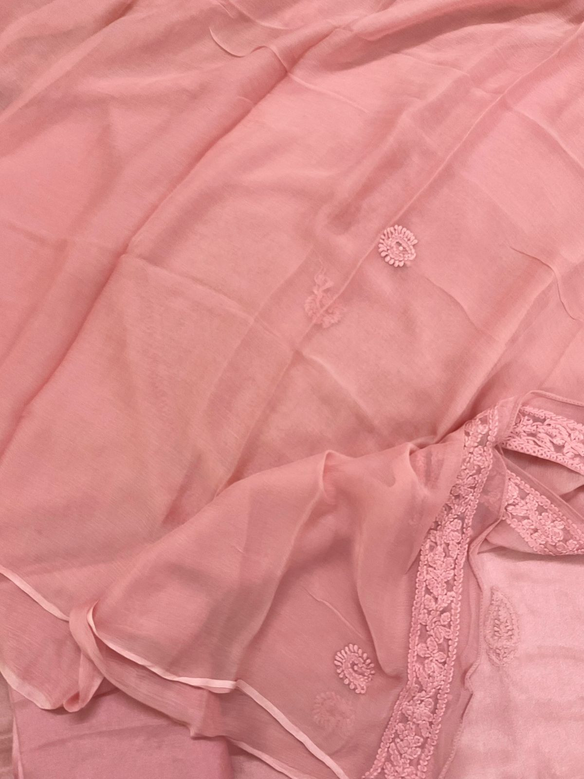 Pure Chinnon Silk Embroidered Suit - Peach