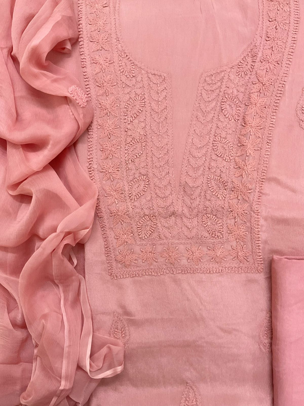 Pure Chinnon Silk Embroidered Suit - Peach