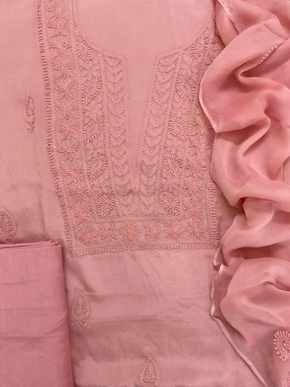 Pure Chinnon Silk Embroidered Suit - Peach