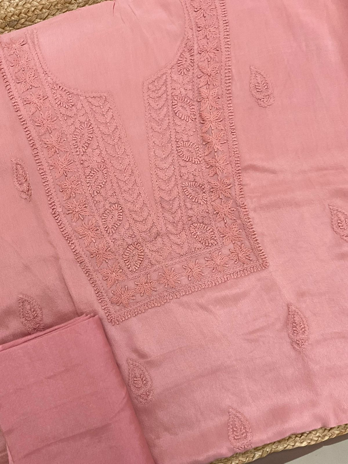 Pure Chinnon Silk Embroidered Suit - Peach