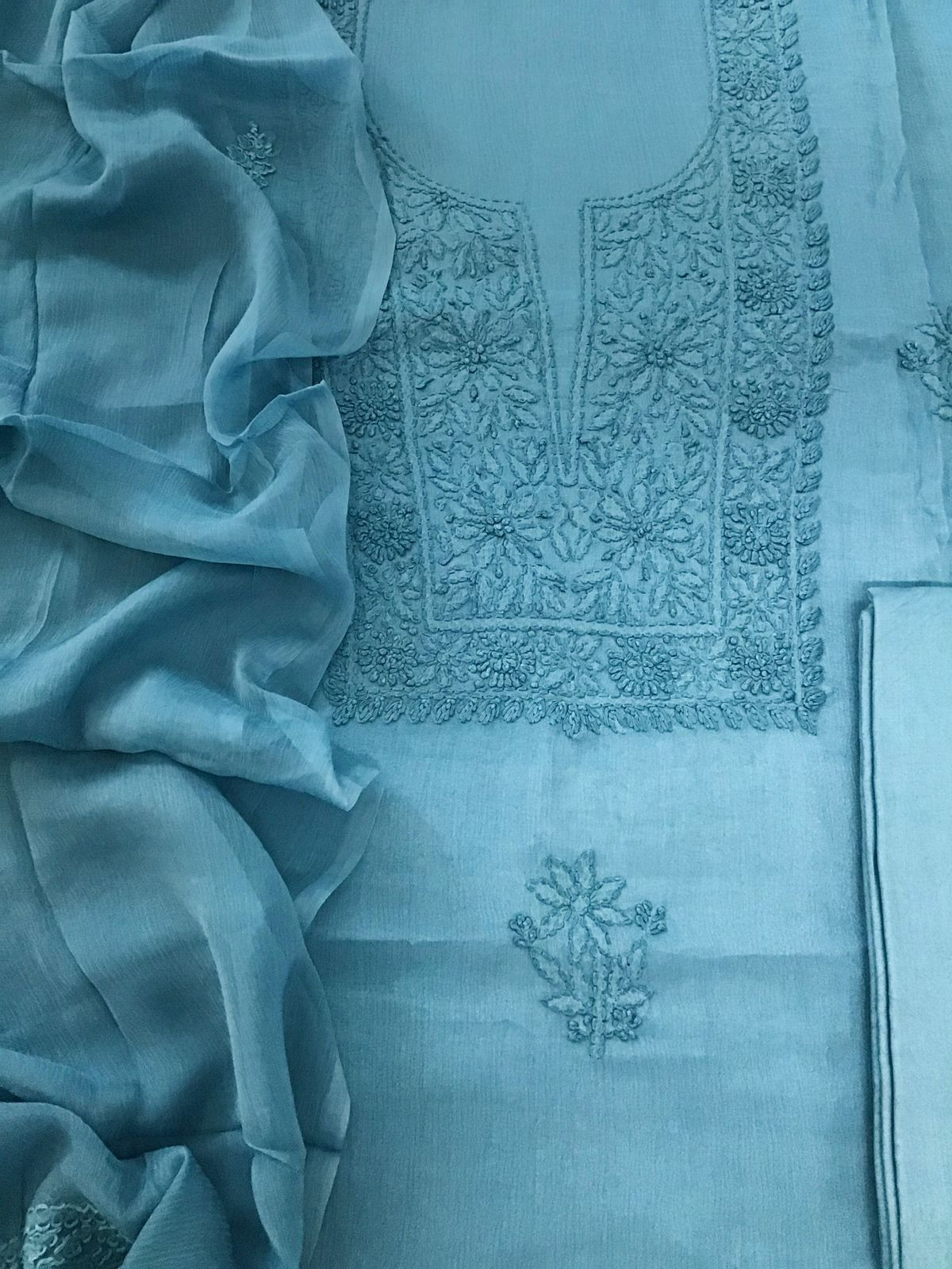 Pure Chinnon Silk Embroidered Suit - Blue