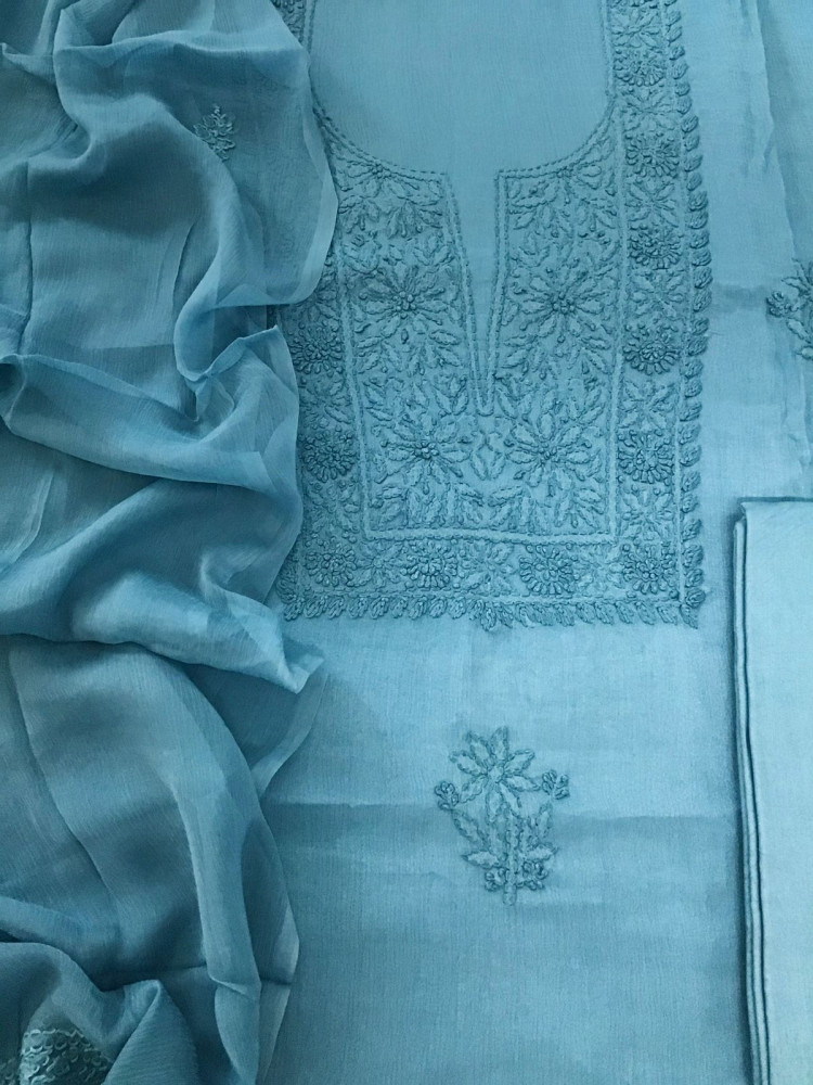 Image of Pure Chinnon Silk Embroidered Suit - Blue