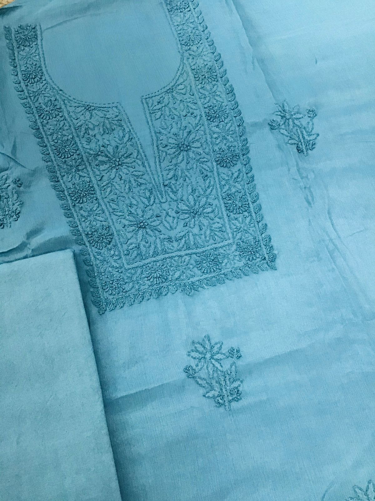 Pure Chinnon Silk Embroidered Suit - Blue