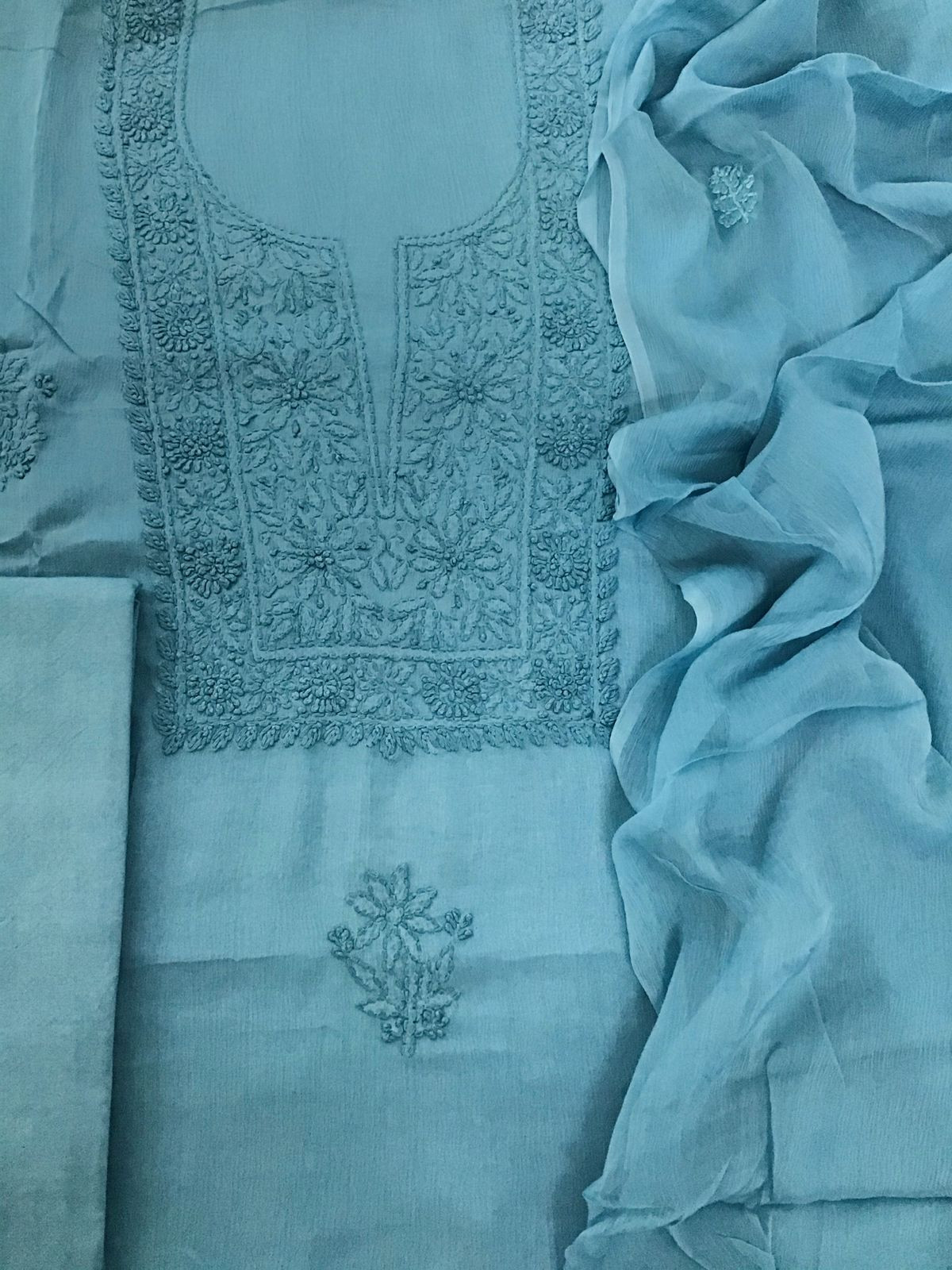 Pure Chinnon Silk Embroidered Suit - Blue